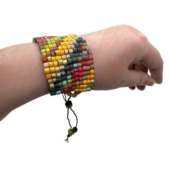 Rainbow Beaded Bracelet Pull Tighten Handmade Woven Adjustable Lightweight Boho - Picture 6 of 15